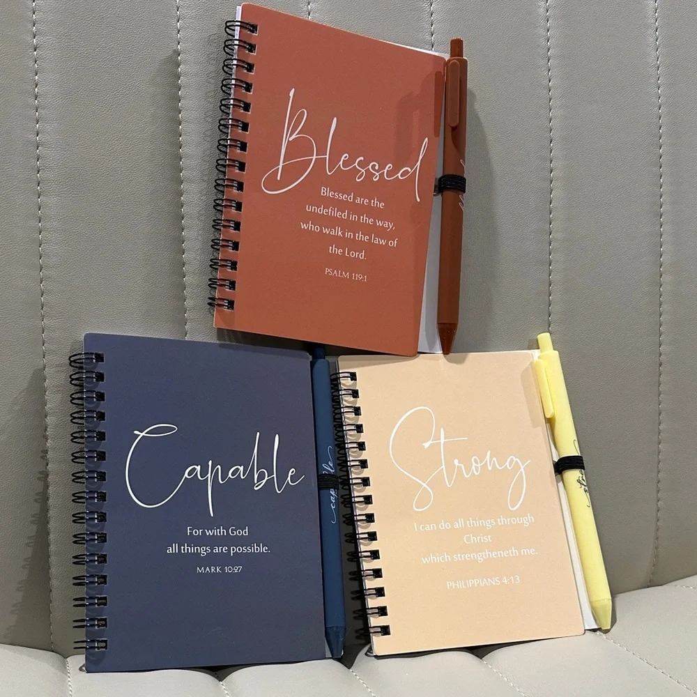Bible Verse Notebook Trio & Pens Blessed Psalms Strong Philippians Capable Mark